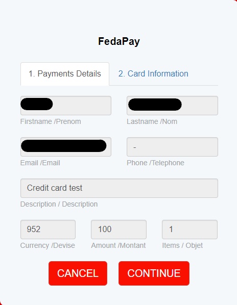Credit card payment details